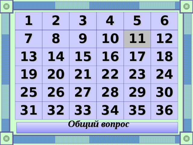 1 2 7 13 3 8 4 9 19 14 25 15 20 10 5 26 11 16 21 31 6 17 32 22 27 12 28 23 33 18 29 34 24 35 30 36 Общий вопрос 