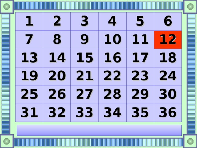 1 2 7 8 3 13 14 19 4 9 10 5 15 25 20 11 26 16 31 21 6 32 27 22 17 12 33 23 28 18 29 34 24 35 30 36 