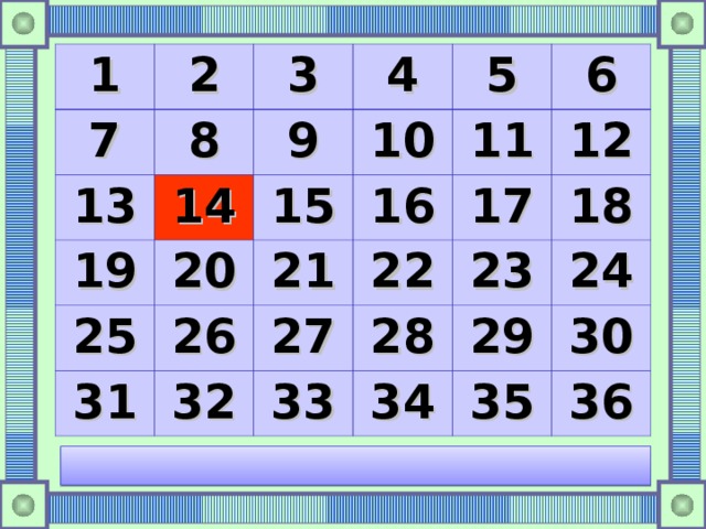 1 2 7 8 3 13 14 19 4 9 10 5 15 25 20 11 26 16 31 21 6 32 27 22 17 12 33 23 28 18 29 34 24 35 30 36 