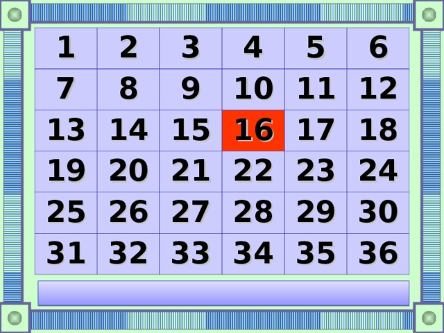 1 2 7 8 3 13 14 19 4 9 10 5 15 25 20 11 26 16 31 21 6 32 27 22 17 12 33 23 28 18 29 34 24 35 30 36 