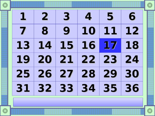 1 2 7 8 3 13 14 19 4 9 10 5 15 25 20 11 26 16 31 21 6 32 27 22 17 12 33 23 28 18 29 34 24 35 30 36 