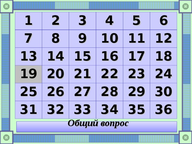 1 2 7 13 3 8 4 9 19 14 25 15 20 10 5 26 11 16 21 31 6 17 32 22 27 12 28 23 33 18 29 34 24 35 30 36 Общий вопрос 