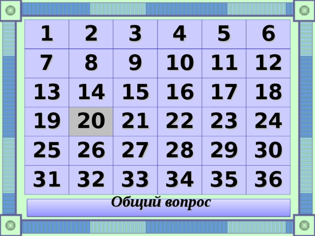 1 2 7 13 3 8 4 9 19 14 25 15 20 10 5 26 11 16 21 31 6 17 32 22 27 12 28 23 33 18 29 34 24 35 30 36 Общий вопрос 