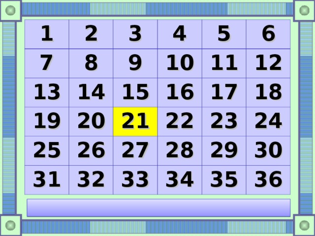 1 2 7 8 3 13 14 19 4 9 10 5 15 25 20 11 26 16 31 21 6 32 27 22 17 12 33 23 28 18 29 34 24 35 30 36 