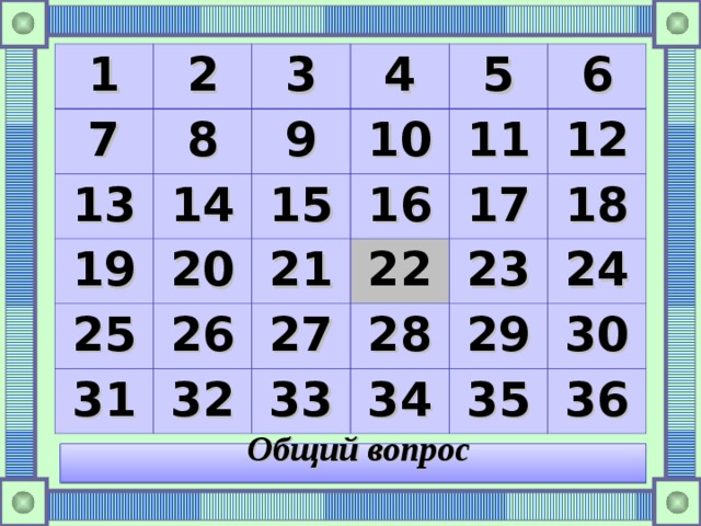1 2 7 13 3 8 4 9 19 14 25 15 20 10 5 26 11 16 21 31 6 17 32 22 27 12 28 23 33 18 29 34 24 35 30 36 Общий вопрос 