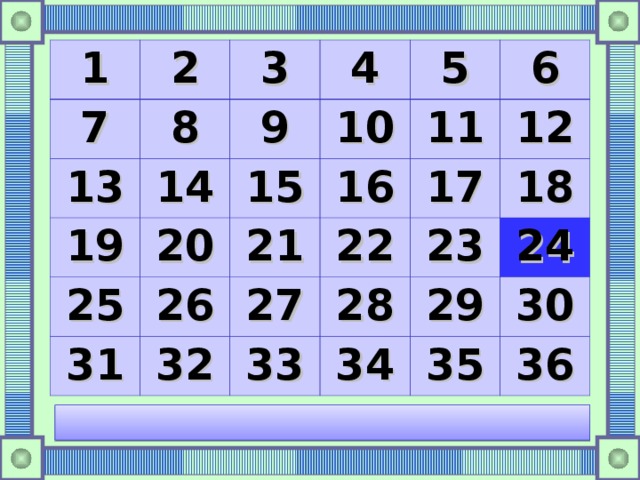 1 2 7 8 3 13 14 19 4 9 10 5 15 25 20 11 26 16 31 21 6 32 27 22 17 12 33 23 28 18 29 34 24 35 30 36 