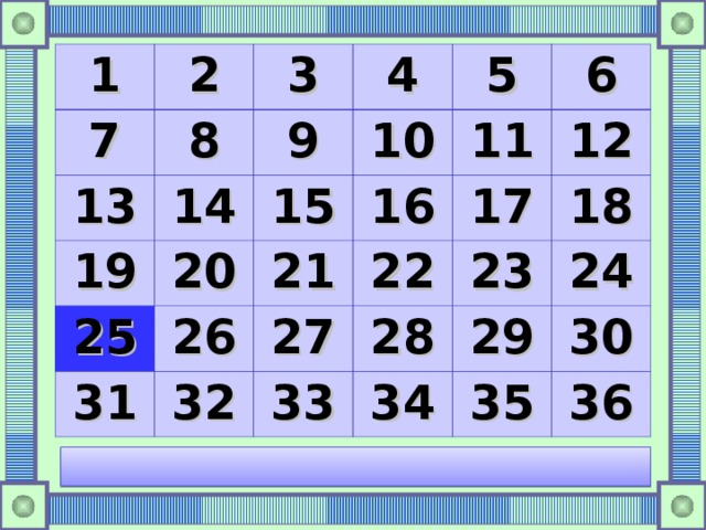 1 2 7 8 3 13 14 19 4 9 10 5 15 25 20 11 26 16 31 21 6 32 27 22 17 12 33 23 28 18 29 34 24 35 30 36 