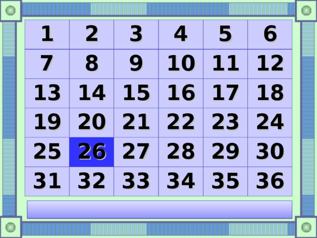 1 2 7 8 3 13 14 19 4 9 10 5 15 25 20 11 26 16 31 21 6 32 27 22 17 12 33 23 28 18 29 34 24 35 30 36 