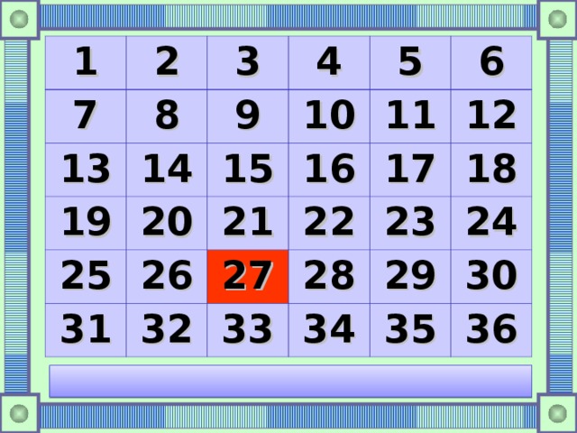 1 2 7 8 3 13 14 19 4 9 10 5 15 25 20 11 26 16 31 21 6 32 27 22 17 12 33 23 28 18 29 34 24 35 30 36 