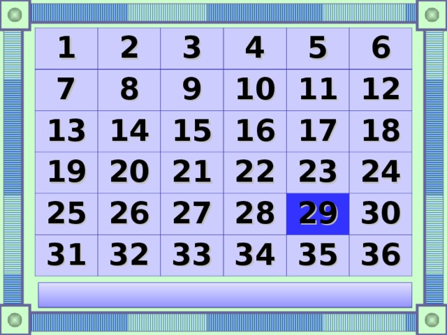1 2 7 8 3 13 14 19 4 9 10 5 15 25 20 11 26 16 31 21 6 32 27 22 17 12 33 23 28 18 29 34 24 35 30 36 