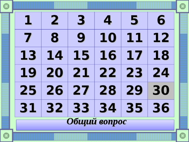 1 2 7 13 3 8 4 9 19 14 25 15 20 10 5 26 11 16 21 31 6 17 32 22 27 12 28 23 33 18 29 34 24 35 30 36 Общий вопрос 