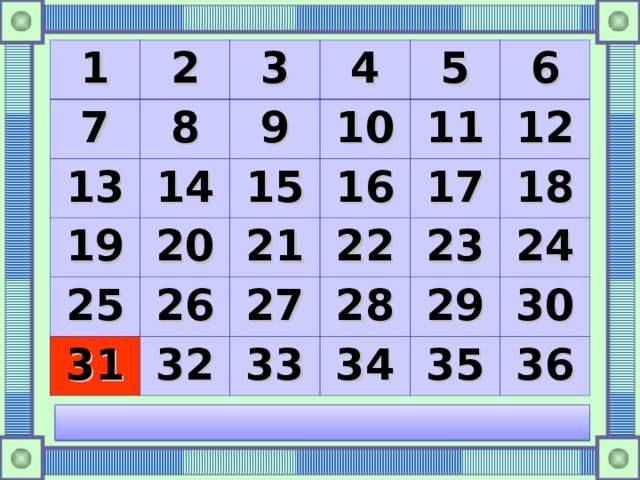 1 2 7 8 3 13 14 19 4 9 10 5 15 25 20 11 26 16 31 21 6 32 27 22 17 12 33 23 28 18 29 34 24 35 30 36 