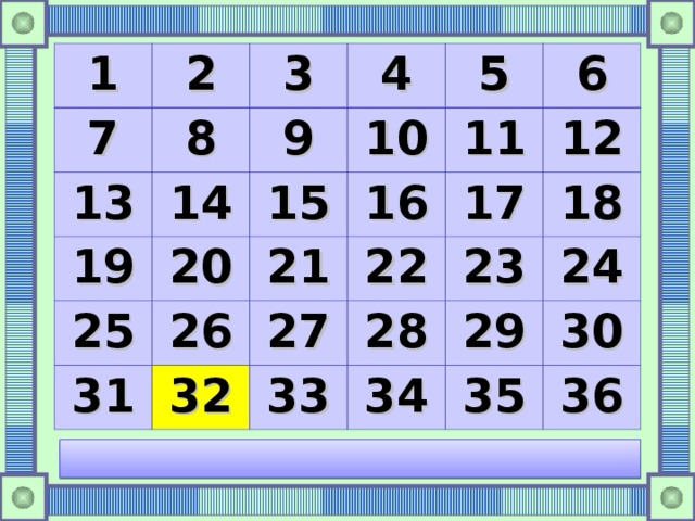 1 2 7 8 3 13 14 19 4 9 10 5 15 25 20 11 26 16 31 21 6 32 27 22 17 12 33 23 28 18 29 34 24 35 30 36 