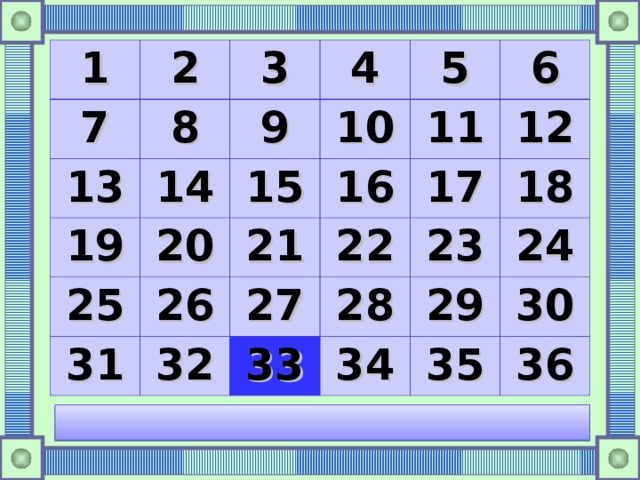 1 2 7 8 3 13 14 19 4 9 10 5 15 25 20 11 26 16 31 21 6 32 27 22 17 12 33 23 28 18 29 34 24 35 30 36 