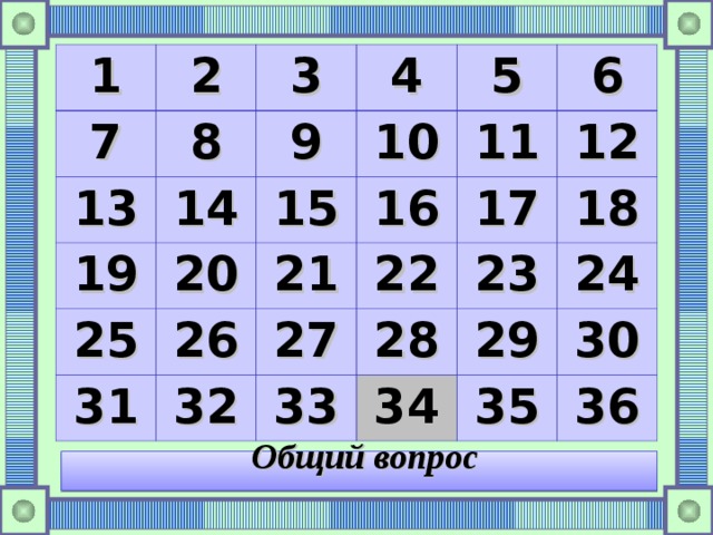 1 2 7 13 3 8 4 9 19 14 25 15 20 10 5 26 11 16 21 31 6 17 32 22 27 12 28 23 33 18 29 34 24 35 30 36 Общий вопрос 