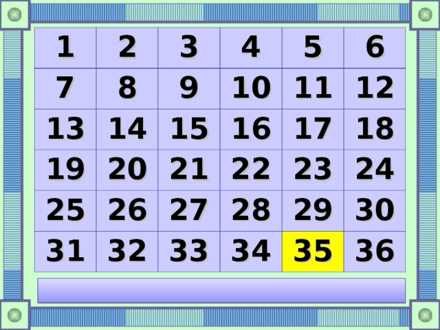 1 2 7 8 3 13 14 19 4 9 10 5 15 25 20 11 26 16 31 21 6 32 27 22 17 12 33 23 28 18 29 34 24 35 30 36 