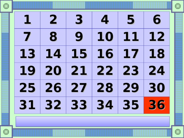 1 2 7 8 3 13 14 19 4 9 10 5 15 25 20 11 26 16 31 21 6 32 27 22 17 12 33 23 28 18 29 34 24 35 30 36 