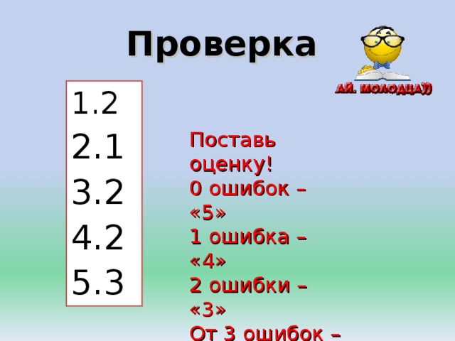 Проверка 2 1 2 2 3  Поставь оценку! 0 ошибок – «5» 1 ошибка – «4» 2 ошибки – «3» От 3 ошибок – «2» 