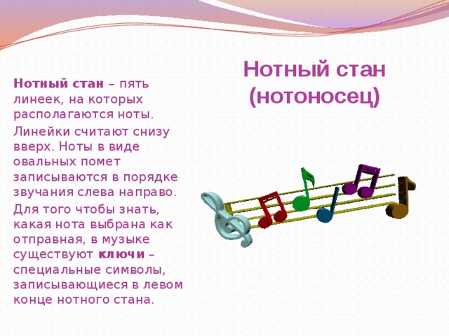 Нотный стан  (нотоносец) Нотный стан – пять линеек, на которых располагаются ноты. Линейки считают снизу вверх. Ноты в виде овальных помет записываются в порядке звучания слева направо. Для того чтобы знать, какая нота выбрана как отправная, в музыке существуют ключи – специальные символы, записывающиеся в левом конце нотного стана. 