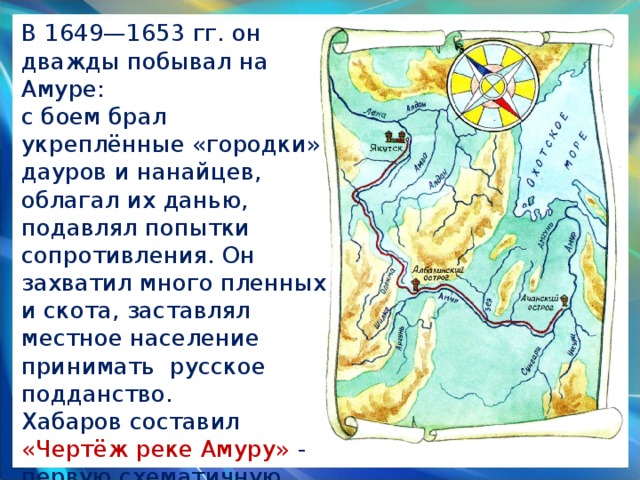 В 1649—1653 гг. он дважды побывал на Амуре: с боем брал укреплённые «городки» дауров и нанайцев, облагал их данью, подавлял попытки сопротивления. Он захватил много пленных и скота, заставлял местное население принимать русское подданство. Хабаров составил «Чертёж реке Амуру» - первую схематичную карту Приамурья и положил начало заселению этой территории русскими людьми. 3 