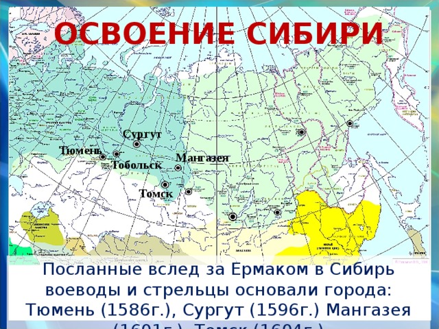 ОСВОЕНИЕ СИБИРИ Сургут Тюмень Мангазея Тобольск Томск Посланные вслед за Ермаком в Сибирь воеводы и стрельцы основали города: Тюмень (1586г.), Сургут (1596г.) Мангазея (1601г.), Томск (1604г.) 