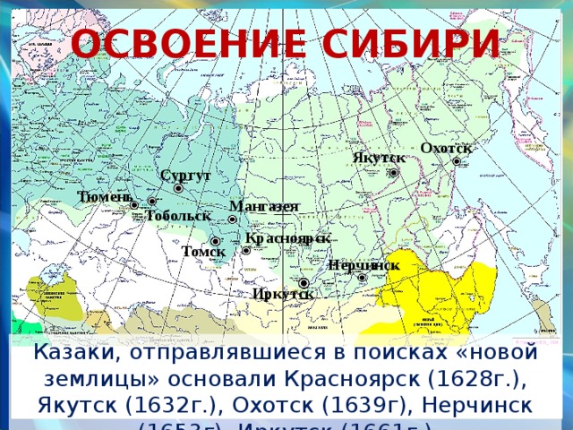 ОСВОЕНИЕ СИБИРИ Охотск Якутск Сургут Тюмень Мангазея Тобольск Красноярск Томск Нерчинск Иркутск Казаки, отправлявшиеся в поисках «новой землицы» основали Красноярск (1628г.), Якутск (1632г.), Охотск (1639г), Нерчинск (1653г), Иркутск (1661г.) 