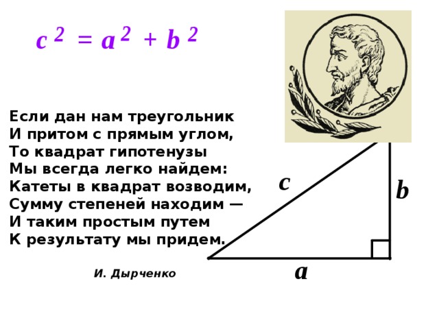 Если дан нам треугольник И притом с прямым углом, То квадрат гипотенузы Мы всегда легко найдем: Катеты в квадрат возводим, Сумму степеней находим — И таким простым путем К результату мы придем. И. Дырченко 