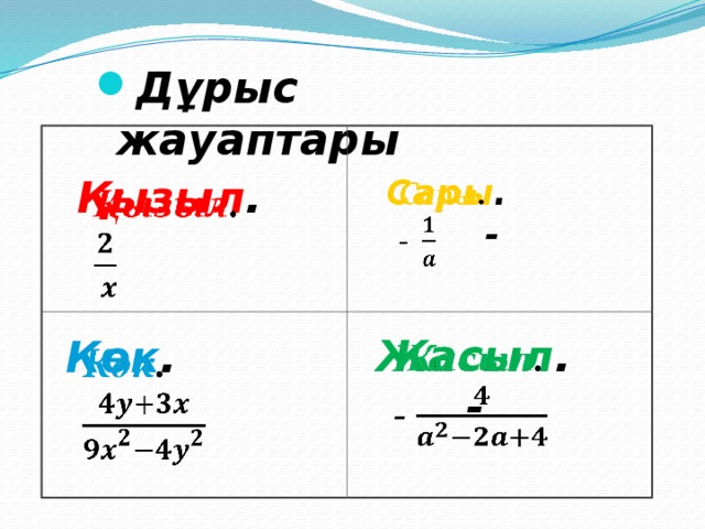 Дұрыс жауаптары Қызыл .     Сары . -   Жасыл . -   Көк .   