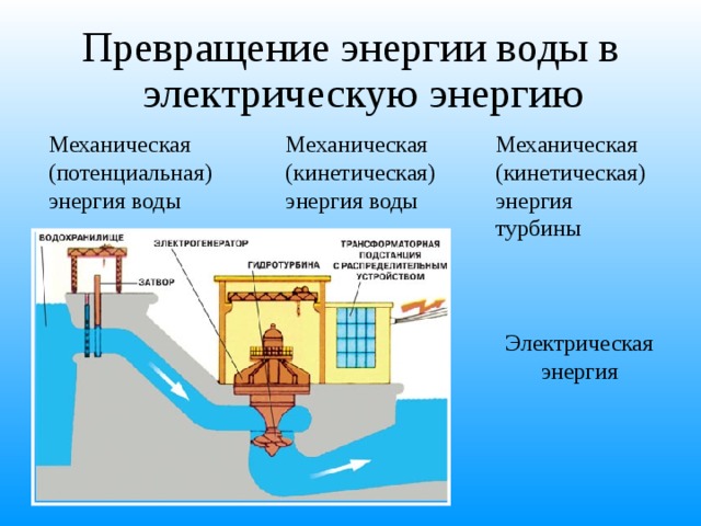 Превращение энергии воды в электрическую энергию Механическая (потенциальная) энергия воды Механическая (кинетическая)энергия воды Механическая (кинетическая) энергия турбины Электрическая энергия