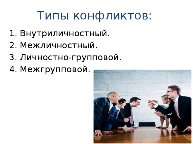 Типы конфликтов: 1. Внутриличностный. 2. Межличностный. 3. Личностно-групповой. 4. Межгрупповой. 