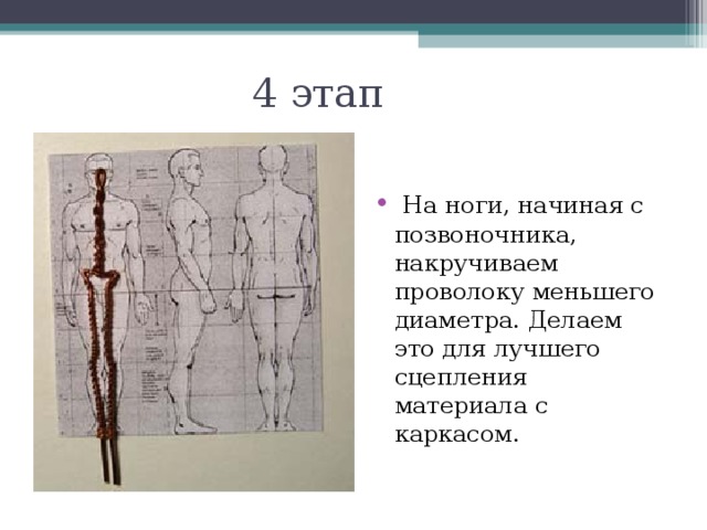 4 этап   На ноги, начиная с позвоночника, накручиваем проволоку меньшего диаметра. Делаем это для лучшего сцепления материала с каркасом. 