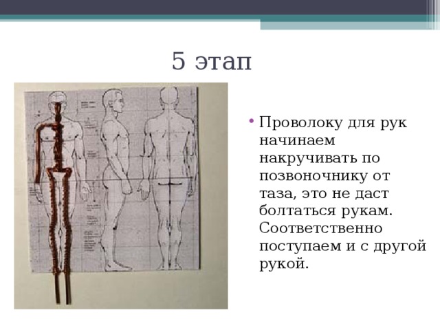 5 этап Проволоку для рук начинаем накручивать по позвоночнику от таза, это не даст болтаться рукам. Соответственно поступаем и с другой рукой. 