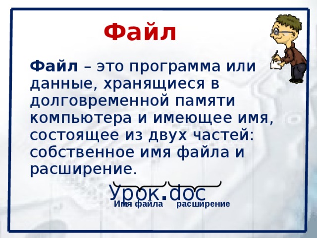 Файл Файл – это программа или данные, хранящиеся в долговременной памяти компьютера и имеющее имя, состоящее из двух частей: собственное имя файла и расширение. Урок . doc Имя файла расширение