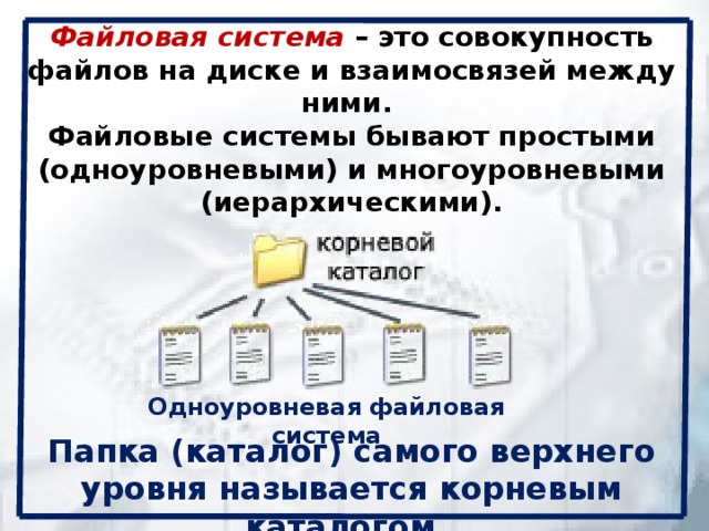 Файловая система  – это совокупность файлов на диске и взаимосвязей между ними.  Файловые системы бывают простыми (одноуровневыми) и многоуровневыми (иерархическими).   Одноуровневая файловая система Папка (каталог) самого верхнего уровня называется корневым каталогом. 