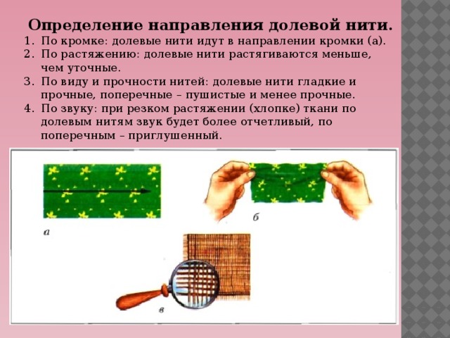 Долевая нить на ткани определяется по кромке по звуку по рисунку по прочности по растяжимости