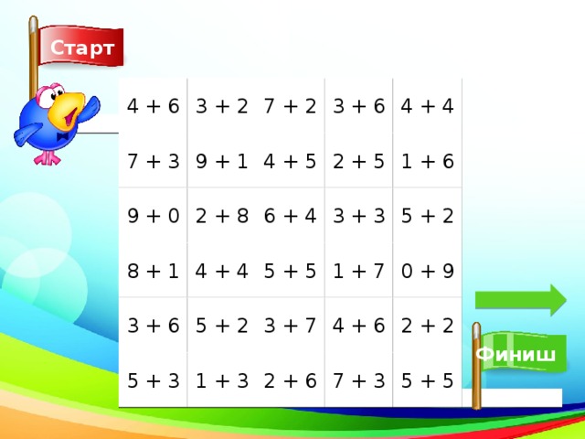 Старт 4 + 6 3 + 2 7 + 2 3 + 6 4 + 4 7 + 3 9 + 1 4 + 5 2 + 5 1 + 6 5 + 2 9 + 0 3 + 3 6 + 4 2 + 8 5 + 5 8 + 1 1 + 7 0 + 9 4 + 4 4 + 6 2 + 2 3 + 7 5 + 2 3 + 6 Финиш 1 + 3 2 + 6 7 + 3 5 + 5 5 + 3 