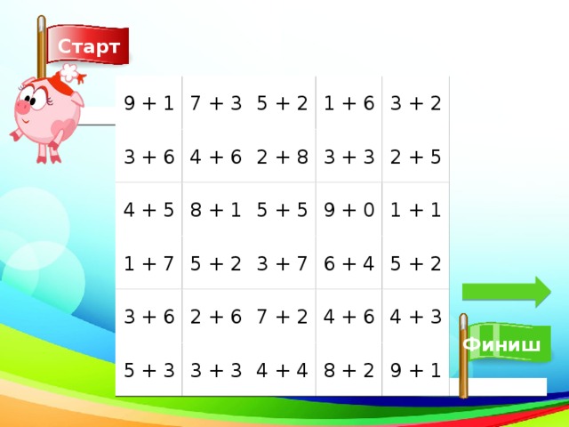 Старт 3 + 2 9 + 1 1 + 6 5 + 2 7 + 3 3 + 6 2 + 8 4 + 6 3 + 3 2 + 5 9 + 0 8 + 1 1 + 1 5 + 5 4 + 5 3 + 7 6 + 4 5 + 2 1 + 7 5 + 2 3 + 6 2 + 6 7 + 2 4 + 6 4 + 3 Финиш 5 + 3 3 + 3 4 + 4 8 + 2 9 + 1 