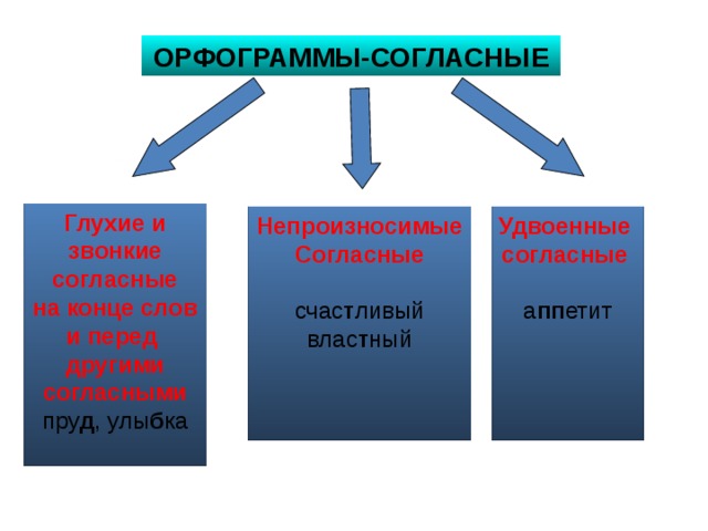 ОРФОГРАММЫ-СОГЛАСНЫЕ Глухие и звонкие согласные на конце слов и перед другими согласными пру д , улы б ка Непроизносимые Согласные  Удвоенные согласные  счас т ливый влас т ный а пп етит 
