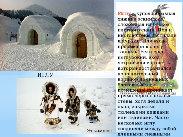 Иглу – куполообразная хижина эскимосов, сложенная из блоков плотного снега. Пол и иногда стены застилали шкурами. Для входа прорывали в снегу тоннель. Если снег неглубокий, вход устраивали в стене, к которой достраивался дополнительный коридор из снежных блоков. Свет в помещение проникает прямо через снежные стены, хотя делали и окна, закрытые тюленьими кишками или льдинами. Часто несколько иглу соединяли между собой длинными снежными коридорами. ИГЛУ Эскимосы 