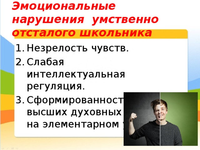 Эмоциональные нарушения умственно отсталого школьника Незрелость чувств. Слабая интеллектуальная регуляция. Сформированность высших духовных чувств на элементарном уровне. 