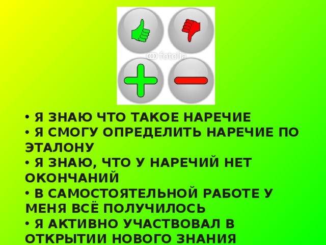  Я ЗНАЮ ЧТО ТАКОЕ НАРЕЧИЕ  Я СМОГУ ОПРЕДЕЛИТЬ НАРЕЧИЕ ПО ЭТАЛОНУ  Я ЗНАЮ, ЧТО У НАРЕЧИЙ НЕТ ОКОНЧАНИЙ  В САМОСТОЯТЕЛЬНОЙ РАБОТЕ У МЕНЯ ВСЁ ПОЛУЧИЛОСЬ  Я АКТИВНО УЧАСТВОВАЛ В ОТКРЫТИИ НОВОГО ЗНАНИЯ    