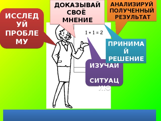 ДОКАЗЫВАЙ СВОЁ МНЕНИЕ АНАЛИЗИРУЙ ПОЛУЧЕННЫЙ РЕЗУЛЬТАТ ИССЛЕДУЙ  ПРОБЛЕМУ ПРИНИМАЙ  РЕШЕНИЕ ИЗУЧАЙ  СИТУАЦИЮ  