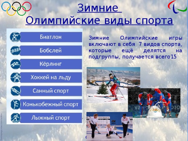 Зимние Олимпийские виды спорта Зимние Олимпийские игры включают в себя 7 видов спорта, которые ещё делятся на подгруппы, получается всего15 