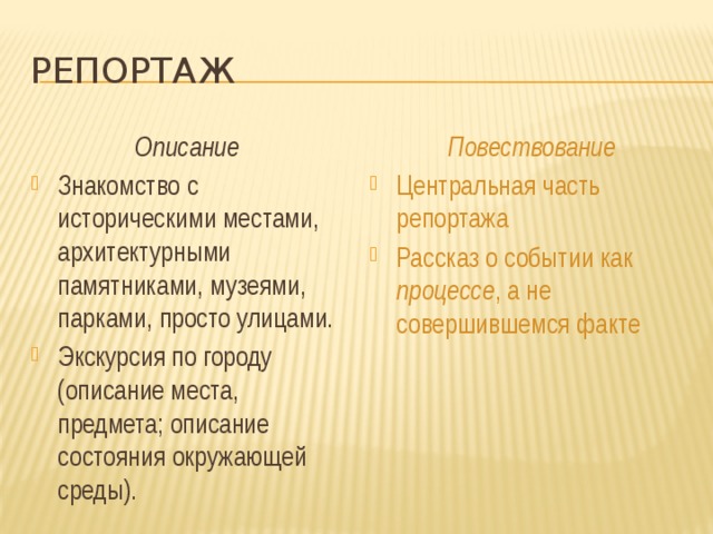 репортаж Описание Повествование Знакомство с историческими местами, архитектурными памятниками, музеями, парками, просто улицами. Экскурсия по городу (описание места, предмета; описание состояния окружающей среды). Центральная часть репортажа Рассказ о событии как процессе , а не совершившемся факте 