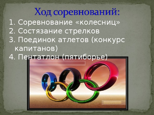 Соревнование «колесниц»  Состязание стрелков  Поединок атлетов (конкурс капитанов)  Пентатлон (пятиборье) 