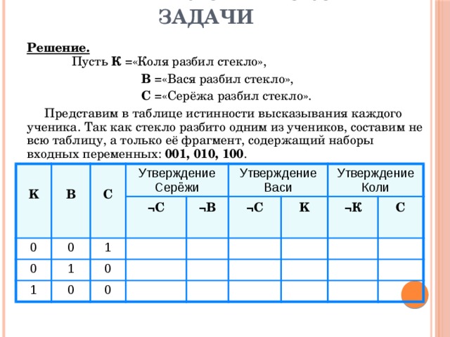 Заполни таблицу логическими значениями