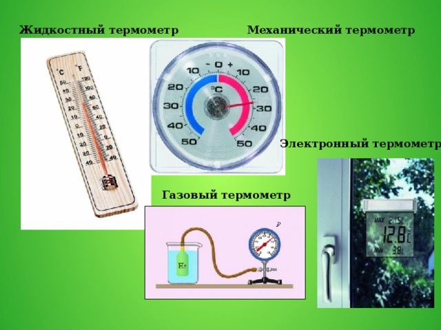 Механический термометр Жидкостный термометр Электронный термометр Газовый термометр 