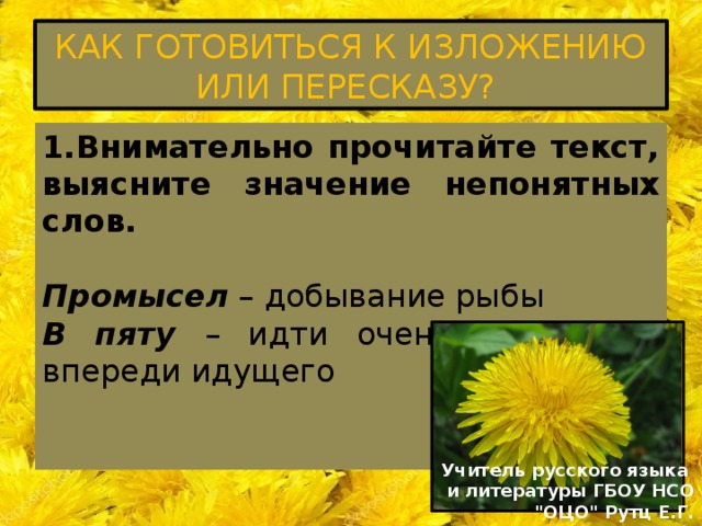 КАК ГОТОВИТЬСЯ К ИЗЛОЖЕНИЮ ИЛИ ПЕРЕСКАЗУ? Внимательно прочитайте текст, выясните значение непонятных слов. Промысел – добывание рыбы В пяту – идти очень близко от впереди идущего Учитель русского языка и литературы ГБОУ НСО 