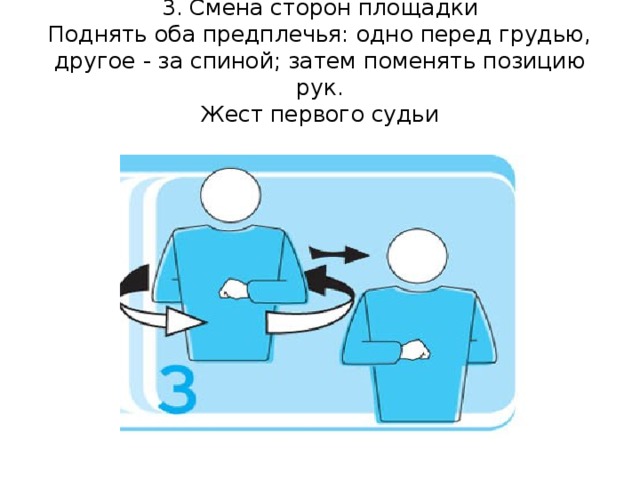 Смена положений. Смена сторон площадки. Жест судьи:поднять оба предплечье одной грудью, другое за спиной. Поднять и скрестить оба предплечья перед грудью в волейболе. Жест в волейболе поднять и скрестить оба предплечья перед грудью....