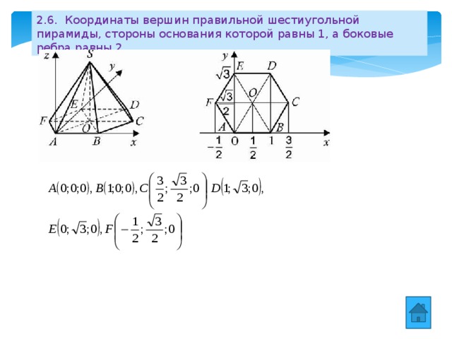 Координаты вершин пирамиды. Координатный метод в шестиугольной пирамиде. Координаты правильной шестиугольной пирамиды. Правильный шестиугольник координаты вершин. Правильная шестиугольная пирамида в системе координат.